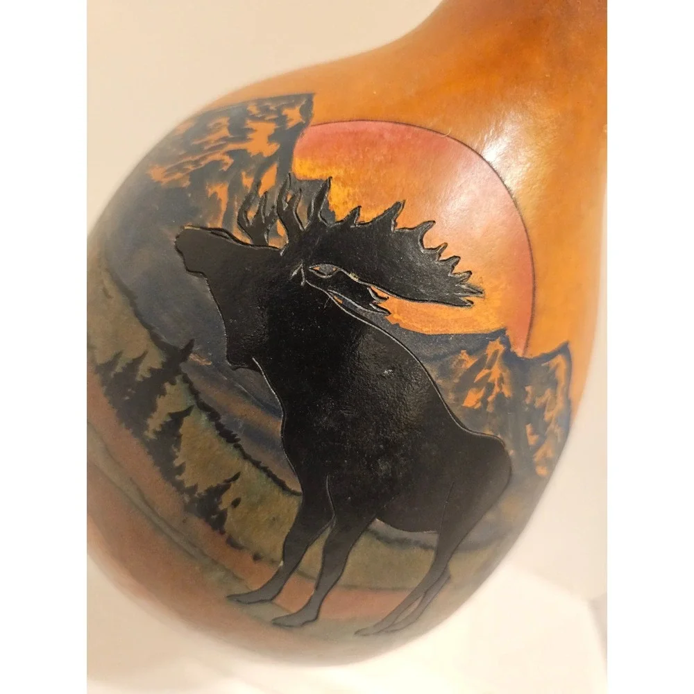 Stone Heat Studios Hand Painted‎ Gourd Art Moose Mountain Sunset Rustic Decor
